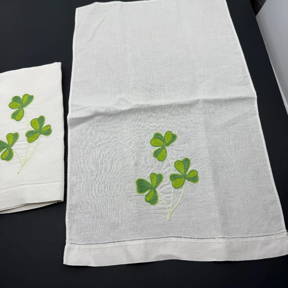 Vintage, 3 White Madeira Linen , Embroidered Shamrock Finger Tip Guest Towels